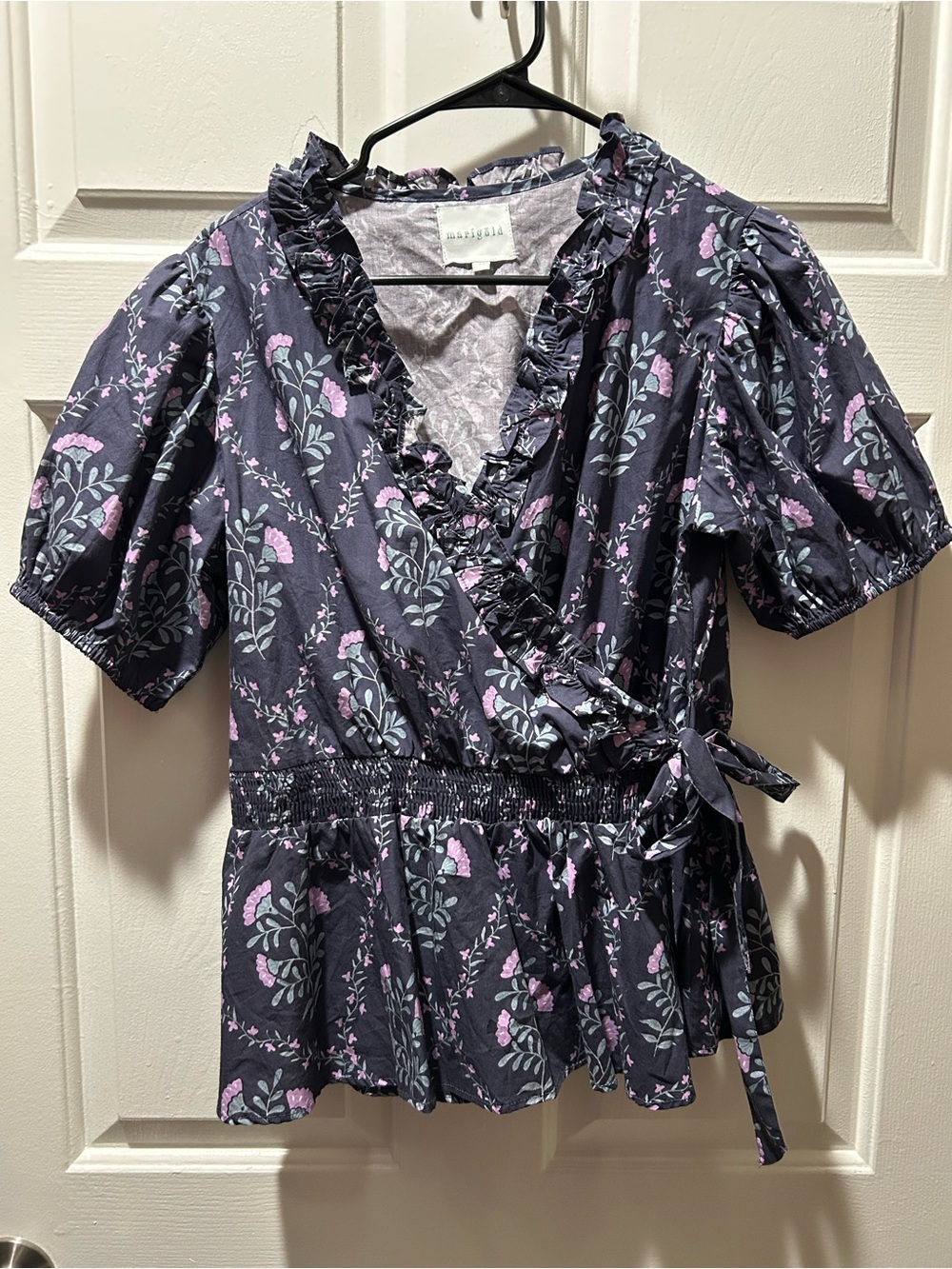 Marigold by Victoria Dunn Dixie Wrap Blouse in Purple Floral Flower Print